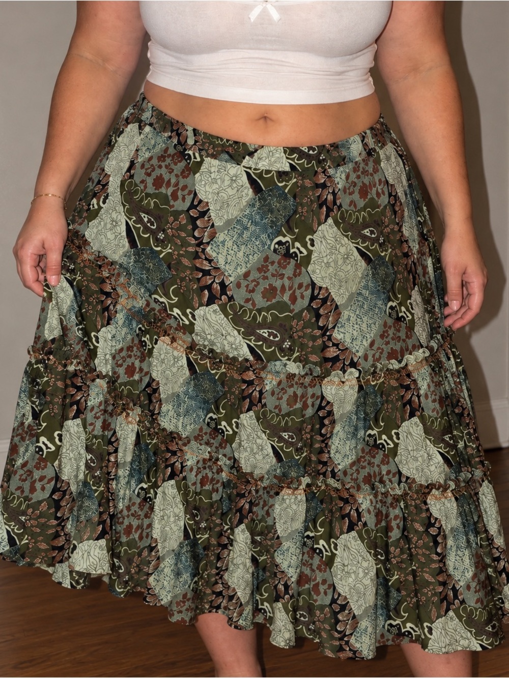 Vintage Whimsigoth Green Paisley Floral Tiered Midi Skirt Size 3x